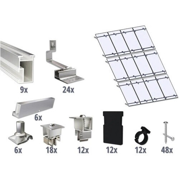 Gems Montageset für 12 PV-Module auf Schrägdach - Aluminium Dachhaken Set mit 9 Schienen à 3650mm