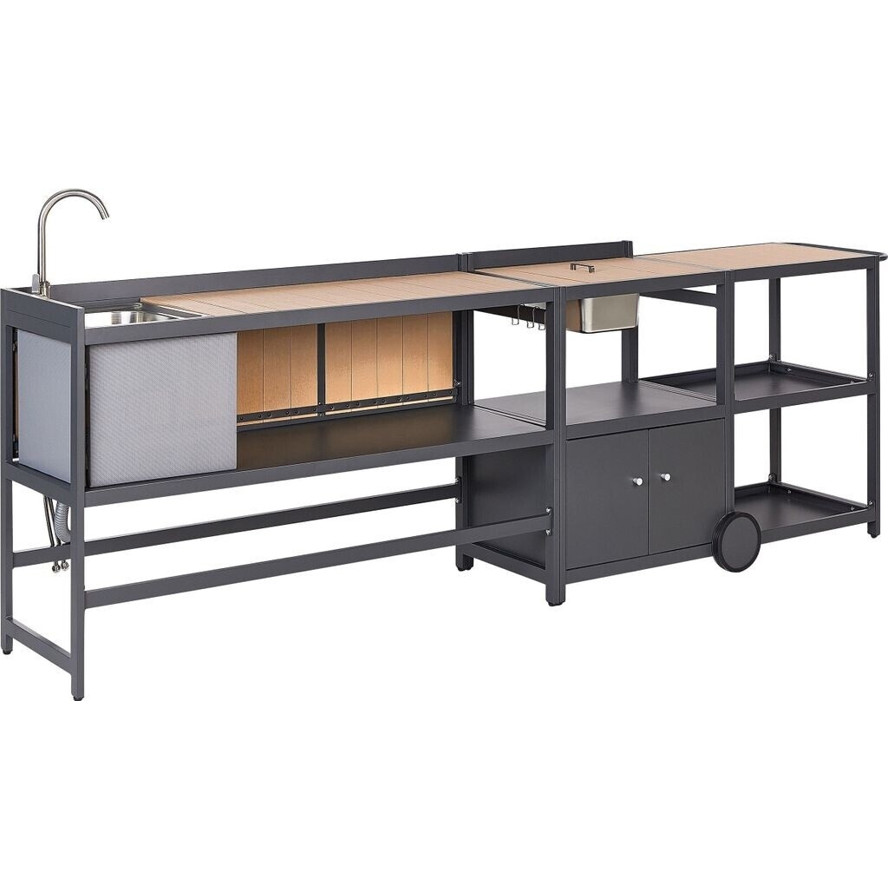 Beliani Outdoor-Küche schwarz Stahl 3er Set mit Spüle Edelstahlplatte