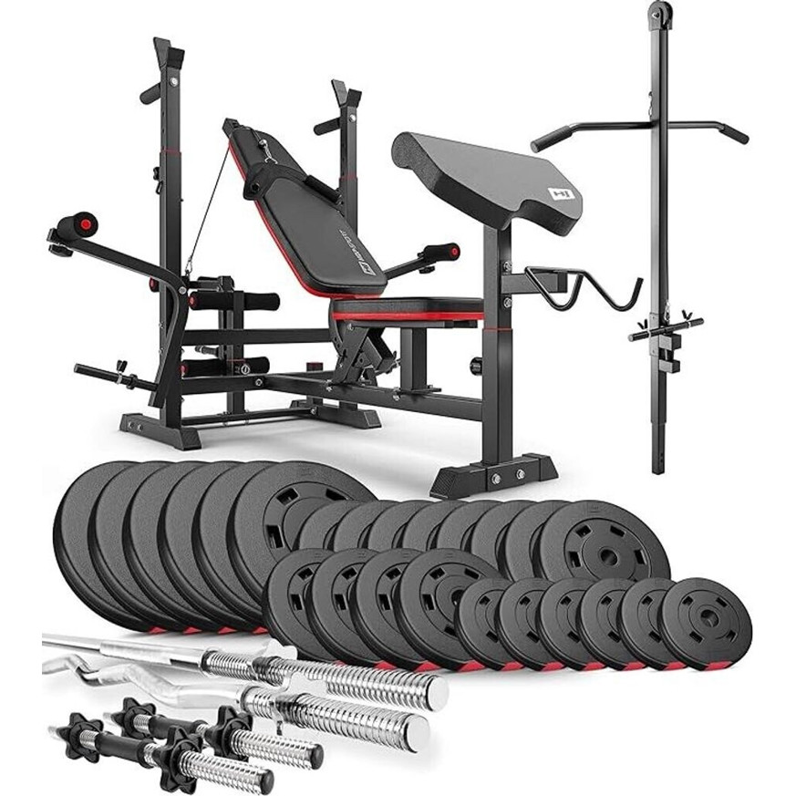 Hop-Sport Hantelbank HS-1075 mit Latzug & 135 kg Kunststoff Hantelset - Ideal für Ihr Home Gym