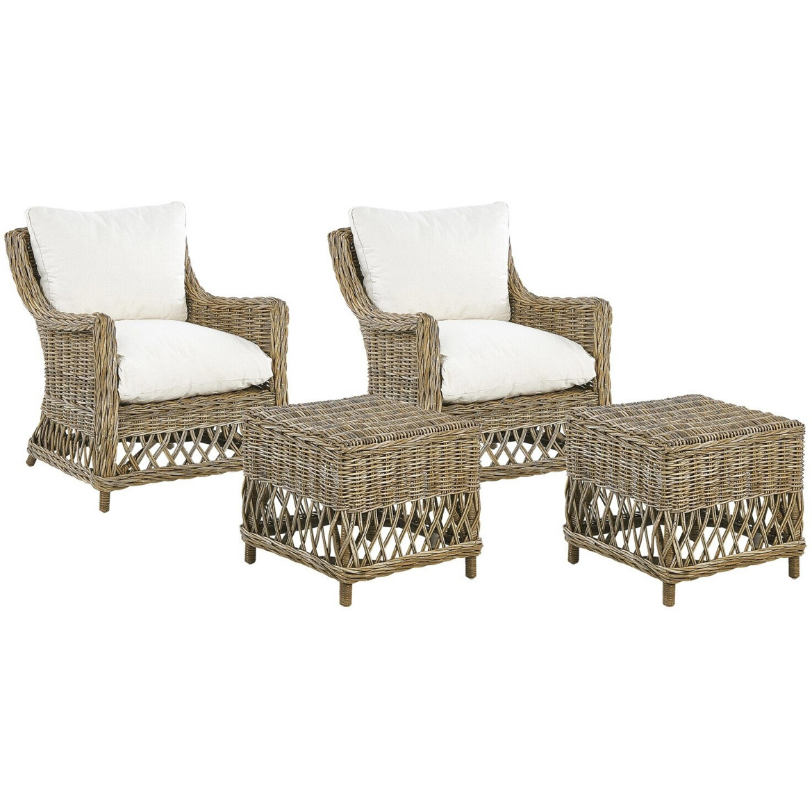 Beliani Gartensessel 2er Set mit Hocker und Auflagen natürlich Rattan creme (318427)