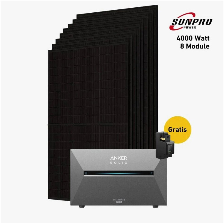 Balkonstrom Balkonkraftwerk 4000/800W - 8x500Wp Sunpro Module + Anker SOLIX Solarbank 3 E2700 Pro mit Smart Meter