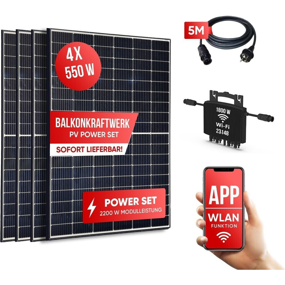 Balkonkraftwerk 2200W Komplettset - 4x 550Wp Module mit 1800W Wechselrichter & 5m Schuko-Kabel