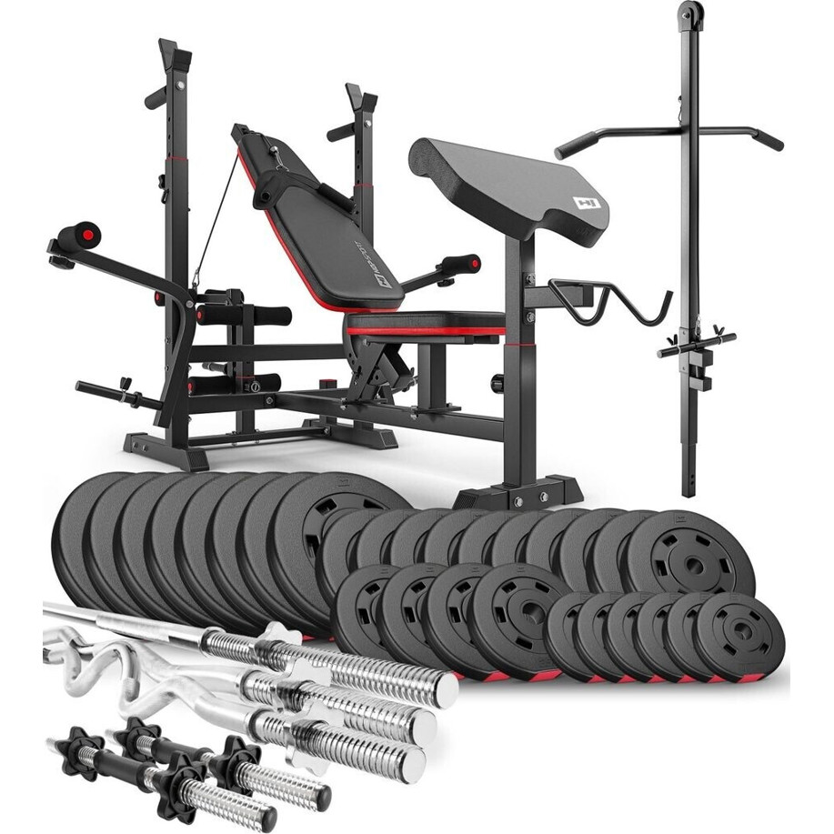 Hop-Sport Hantelbank HS-1075 mit Latzug & Kunststoff Hantelset - 173 kg, ideal für Dein Home Gym