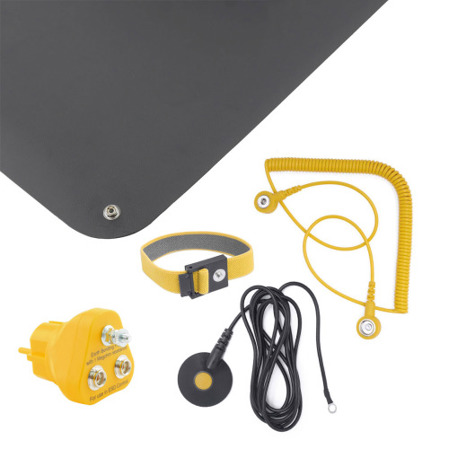 ESD Personenerdung Set - 5-teiliges Kit in Schwarz (900x610x1,5) mit Armband & 2 Kabeln | Erdungsarmband